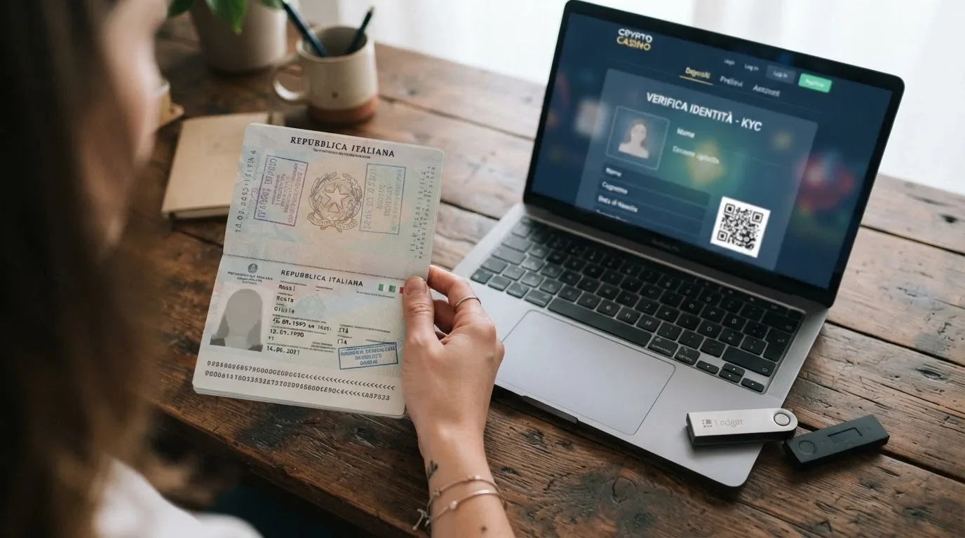 Una mano che porge un passaporto aperto verso lo schermo di un computer, dove sullo sfondo si intravede l'interfaccia di un crypto casinò e un portafoglio hardware