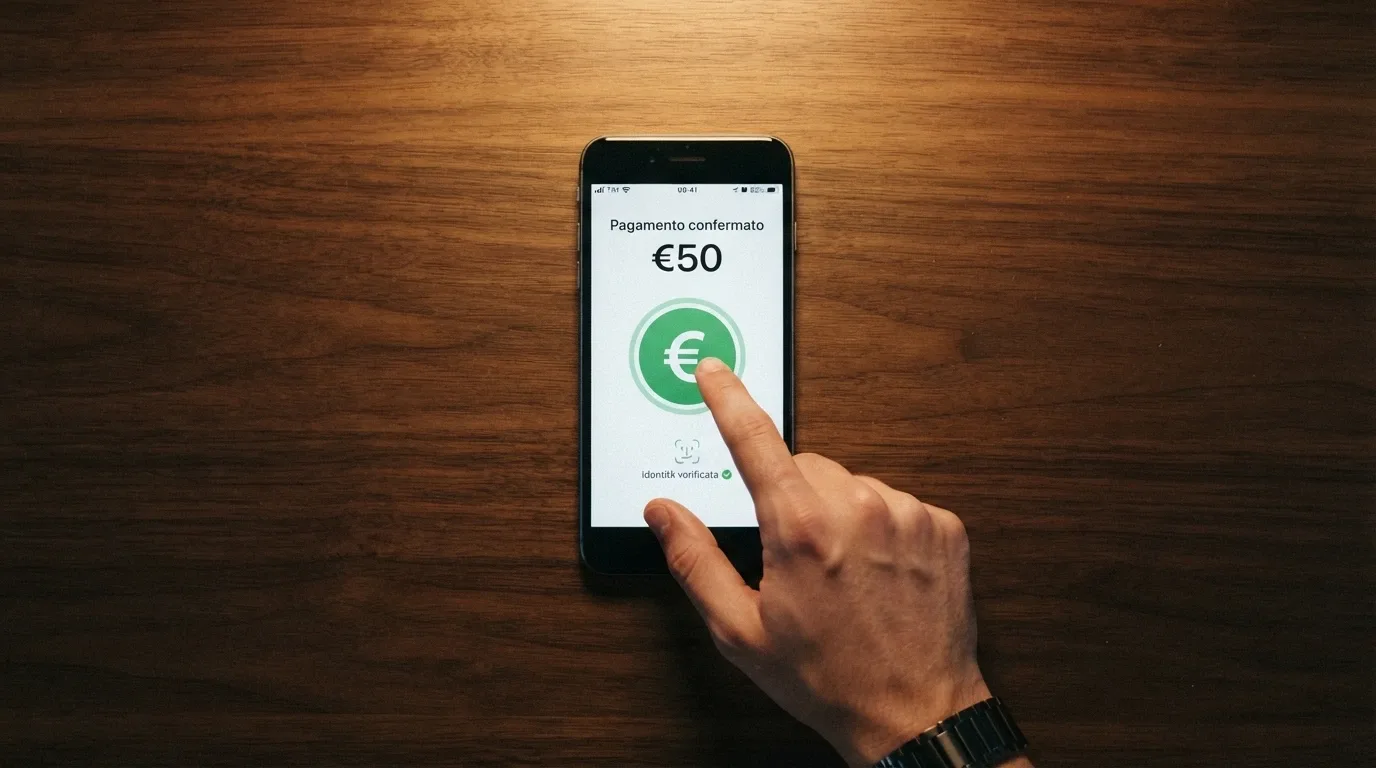 iPhone con schermata di pagamento Apple Pay durante un deposito su app casinò, cifra e conferma Face ID visibili