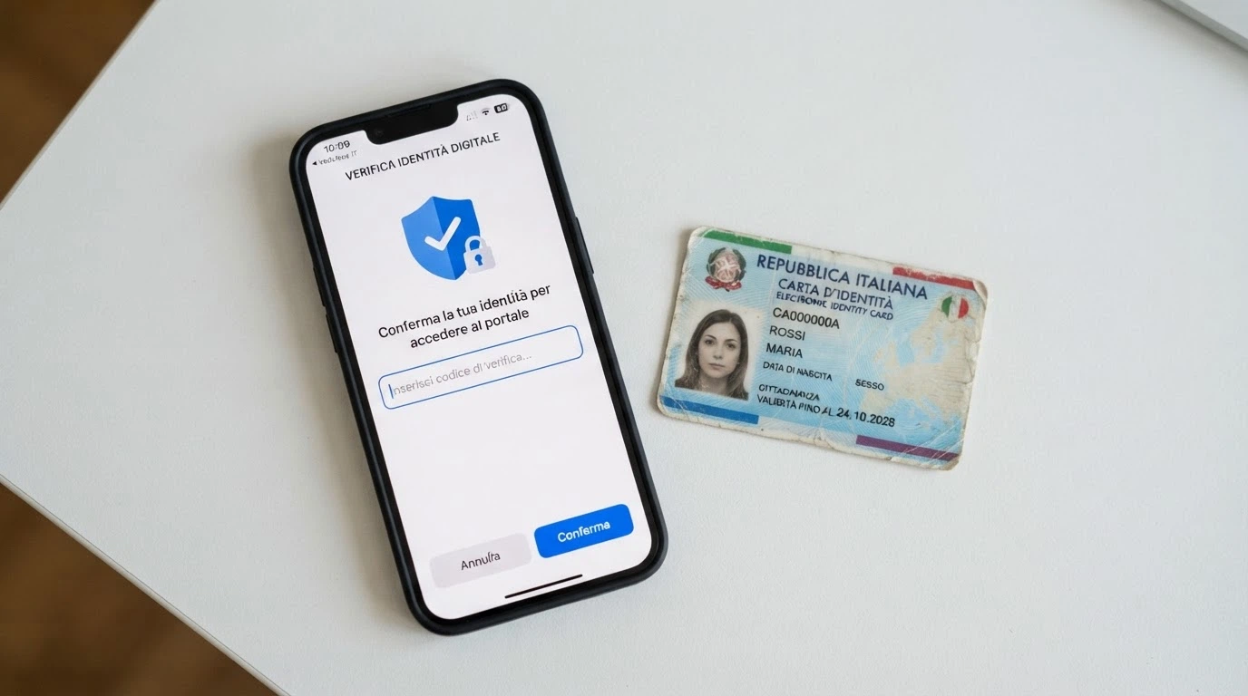 Uno smartphone che mostra la schermata di login SPID affiancato da un documento d'identità italiano, con il logo ADM visibile sullo sfondo dell'interfaccia