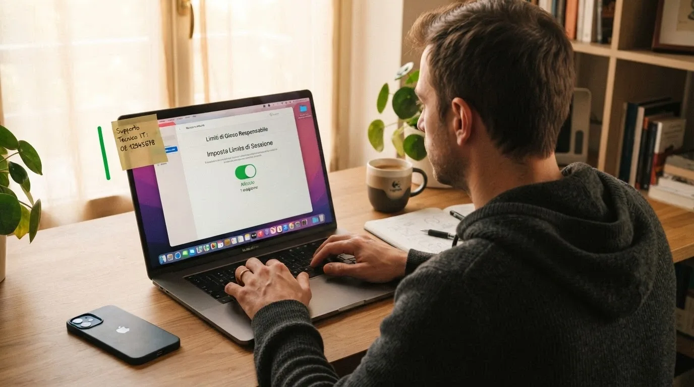 Una mano che digita su un portatile, con sullo sfondo fuori fuoco un telefono — la linea verde per il gioco d'azzardo scritta su un post-it attaccato al monitor