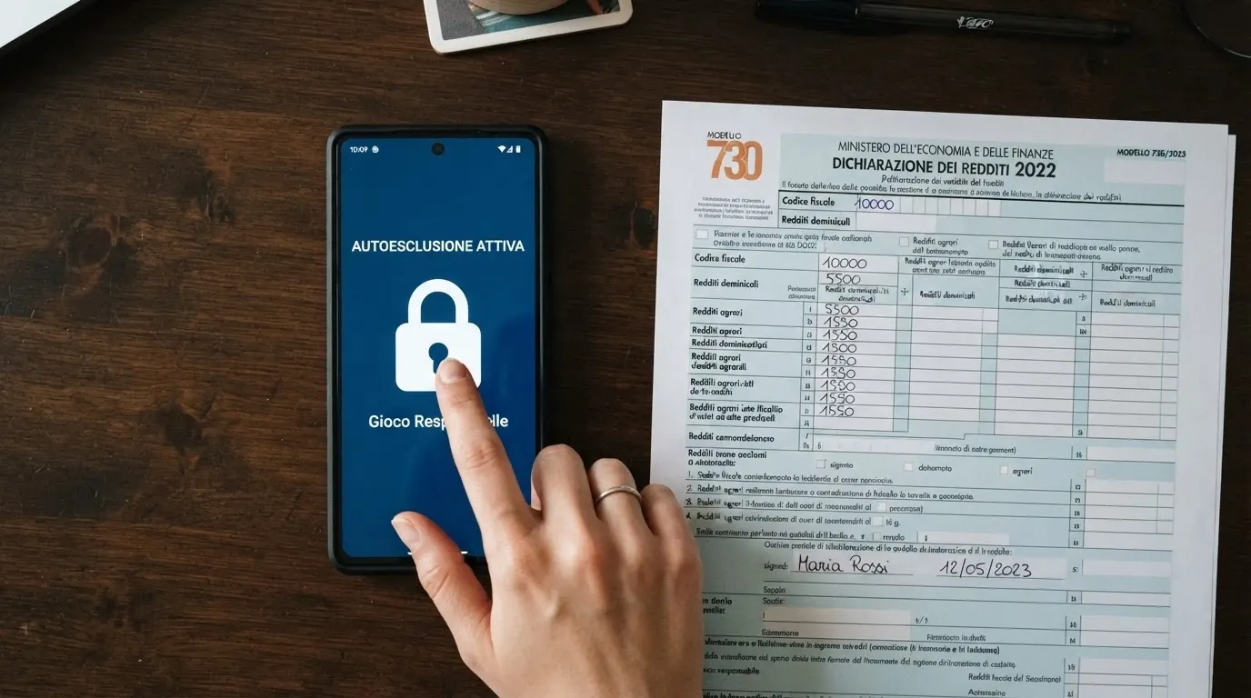 Una mano che attiva un interruttore digitale con l'icona di un lucchero, accanto al logo RUA e a un modulo fiscale