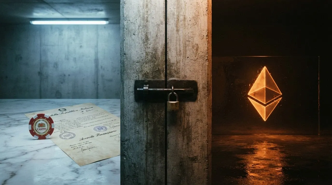Un muro simbolico con il logo ADM da un lato e il simbolo di Bitcoin dall'altro, con una porta chiusa al centro e un documento normativo appeso accanto