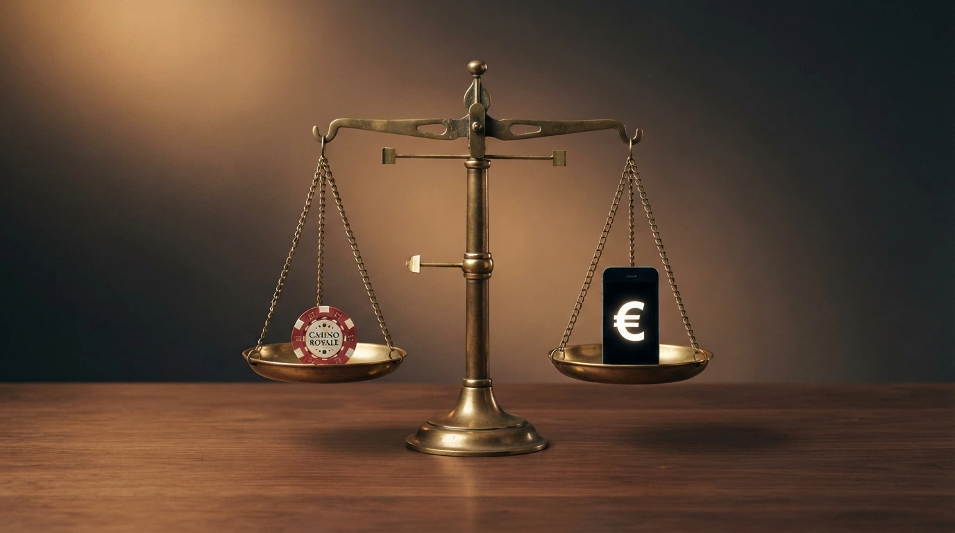 Una bilancia che pesa vantaggi e svantaggi del bonifico istantaneo nei casinò, con elementi visivi che richiamano il gioco online