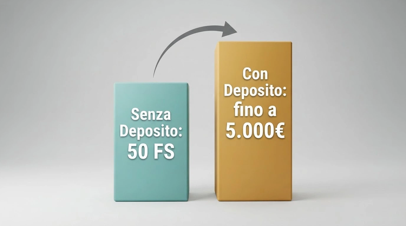 Due colonne stilizzate affiancate: a sinistra «Senza Deposito: 50 FS», a destra «Con Deposito: fino a 5.000€», con una freccia che collega le due
