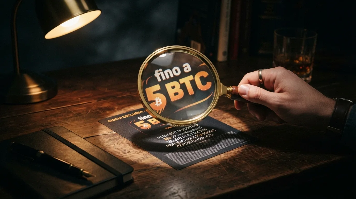 Una lente di ingrandimento su un bonus «fino a 5 BTC» stampato in grande, che rivela in piccolo le condizioni di wagering, la scadenza e il tetto alle vincite