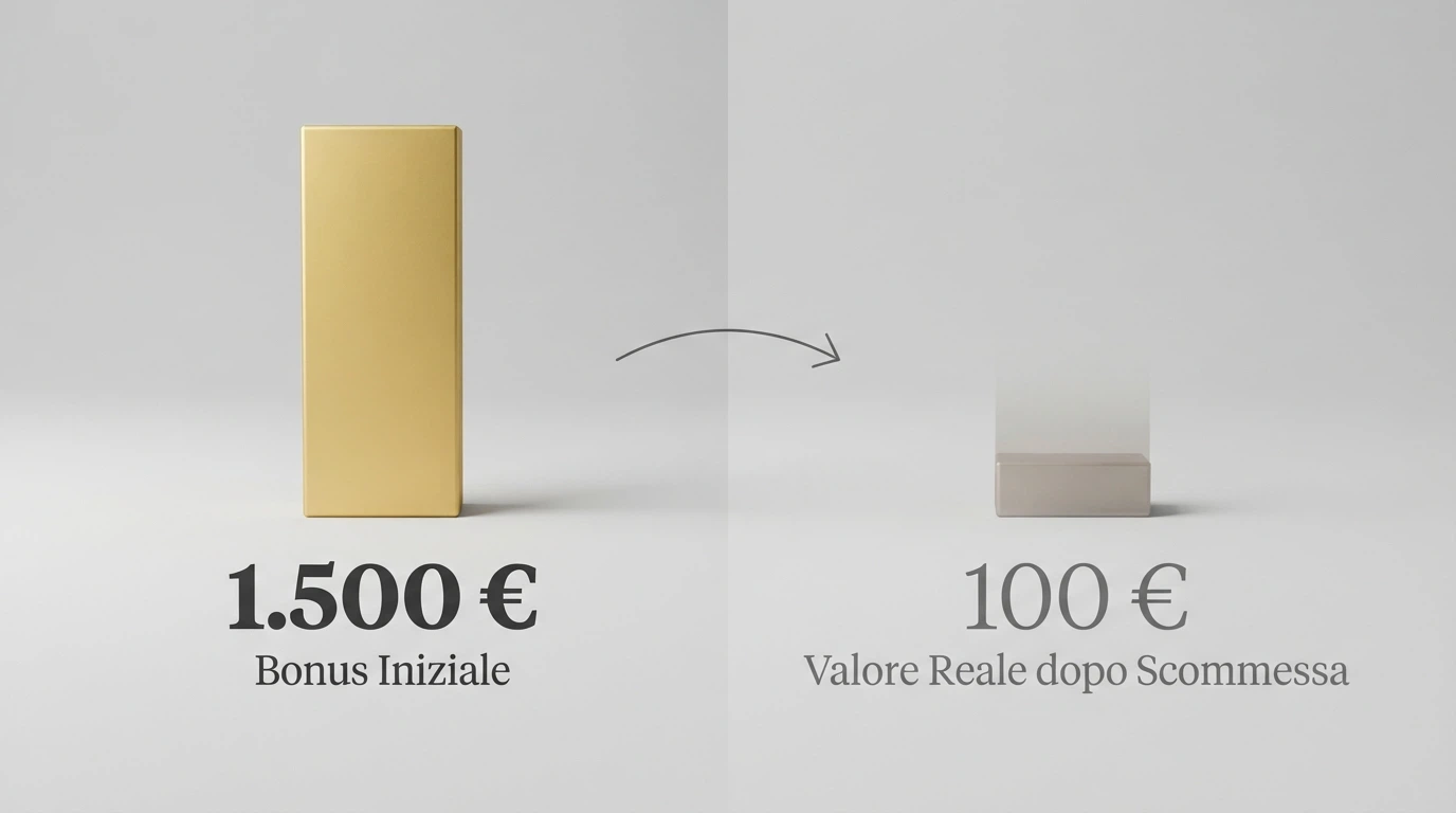 Un'illustrazione che mostra un bonus di benvenuto diviso in due metà: il valore nominale a sinistra e il valore reale dopo il wagering a destra