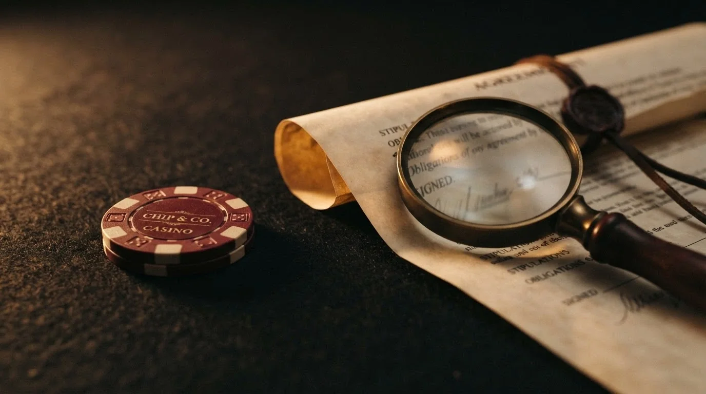 Un piatto di fiches da casinò con il logo di Ethereum, accanto a un contratto arrotolato con una lente di ingrandimento che ne evidenzia le clausole in piccolo