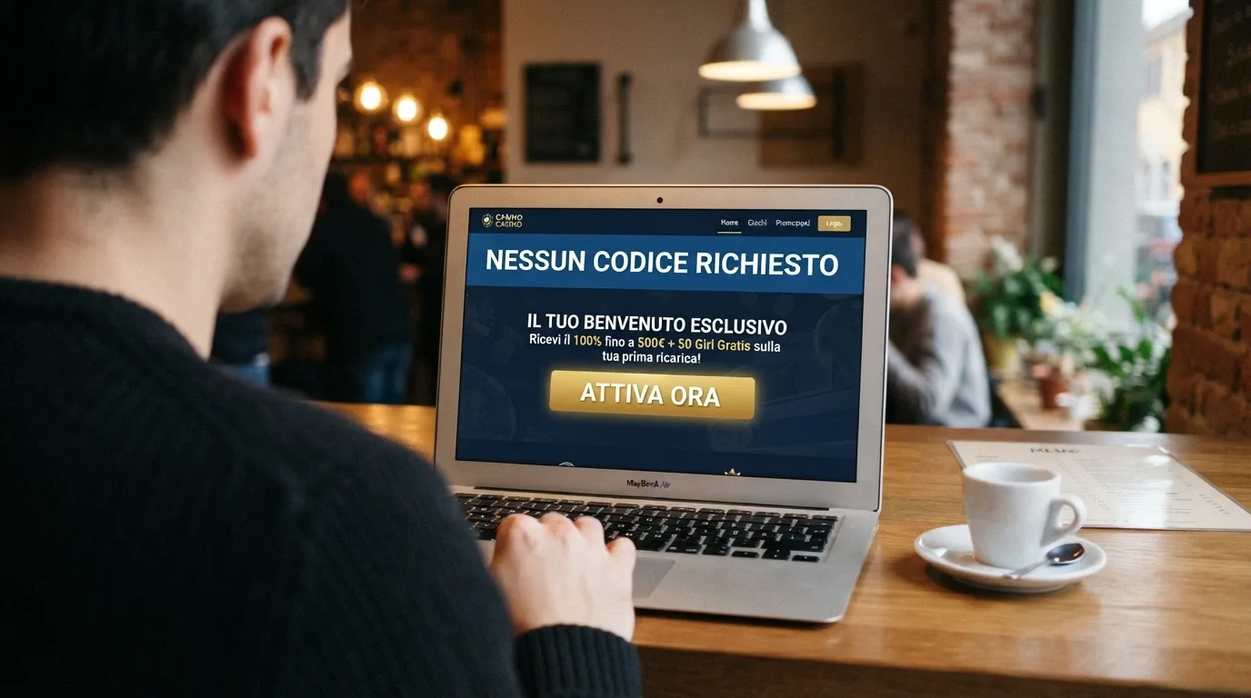 Una schermata promozionale di un casinò con l'offerta di benvenuto e la dicitura «Nessun codice richiesto»