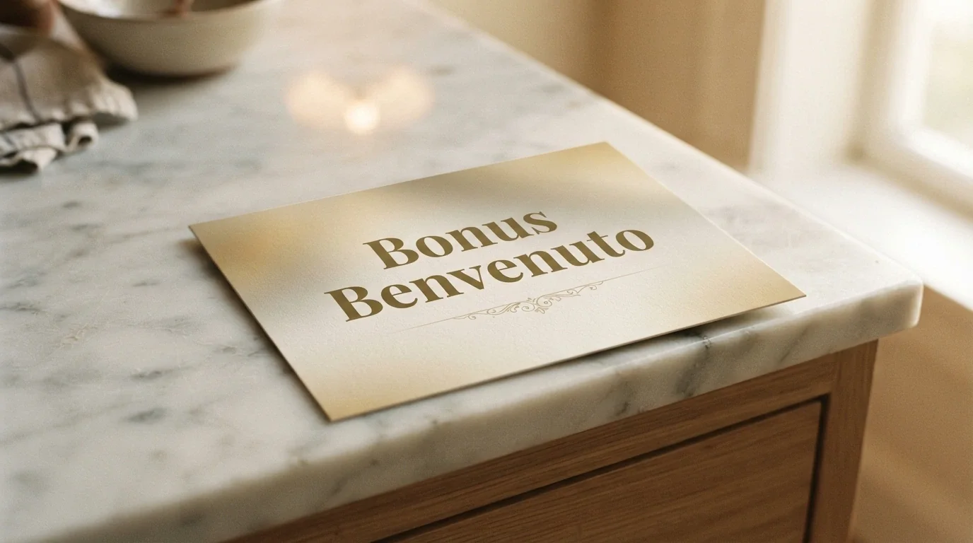 Un pannello promozionale con la dicitura «bonus benvenuto» in primo piano, senza codici promozionali visibili