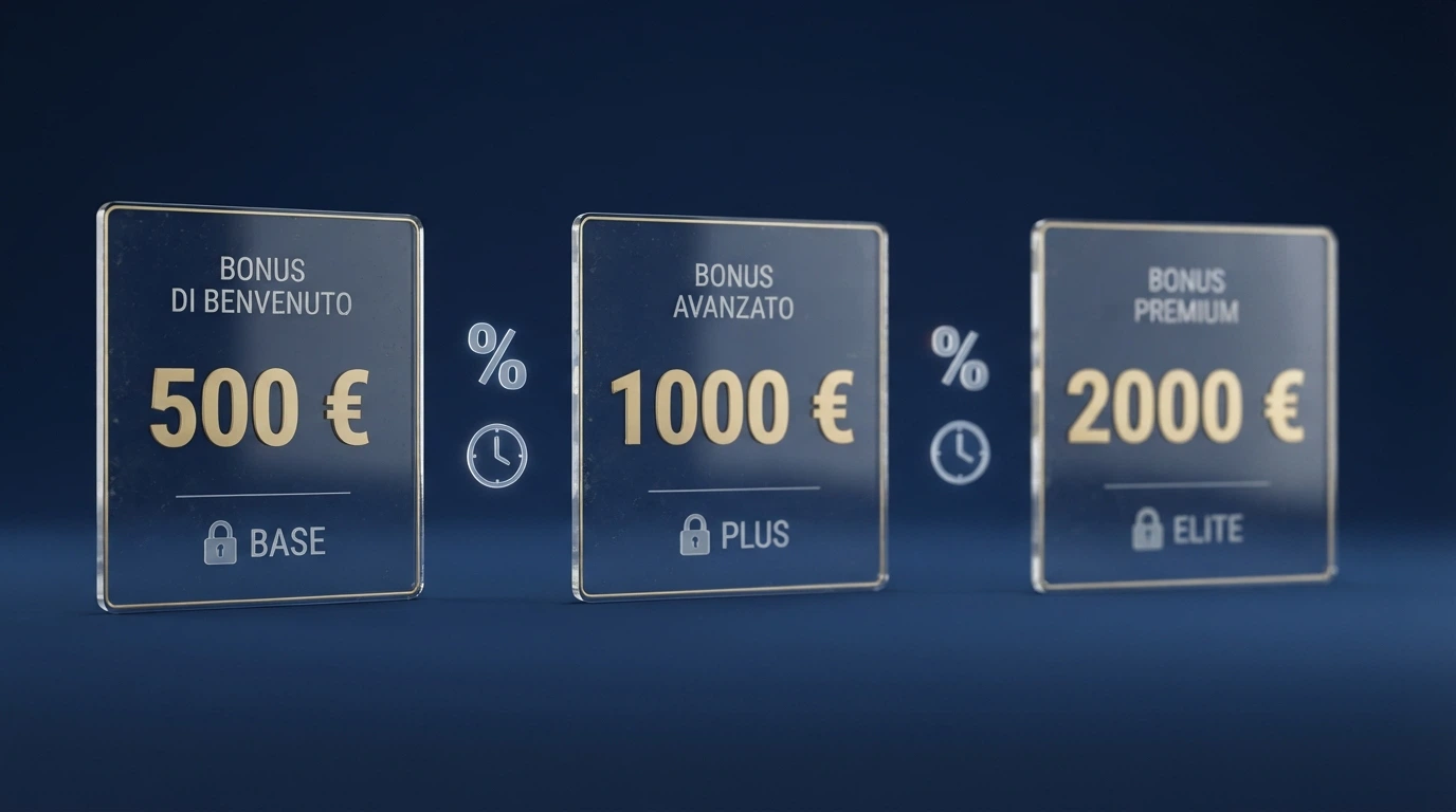 Un confronto visivo tra tre offerte di bonus senza deposito con i rispettivi valori, wagering e tetti di conversione in evidenza