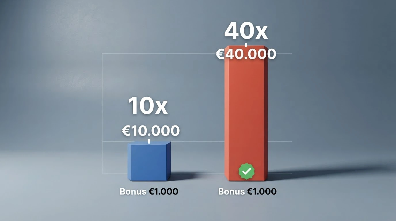 Schema visivo che confronta un bonus da €1.000 con wagering 10x e lo stesso bonus con wagering 40x, evidenziando il costo reale