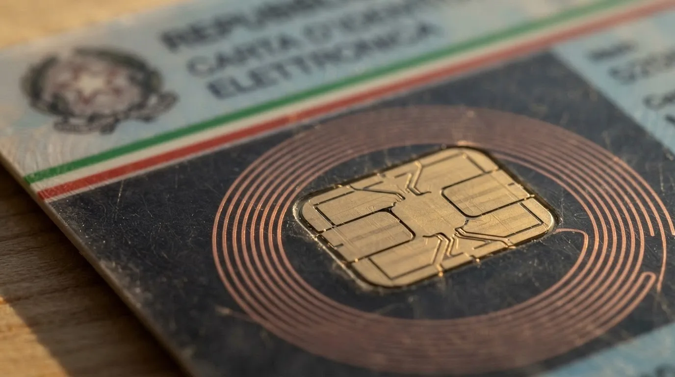 Primo piano del chip NFC sul retro di una Carta d'Identità Elettronica italiana