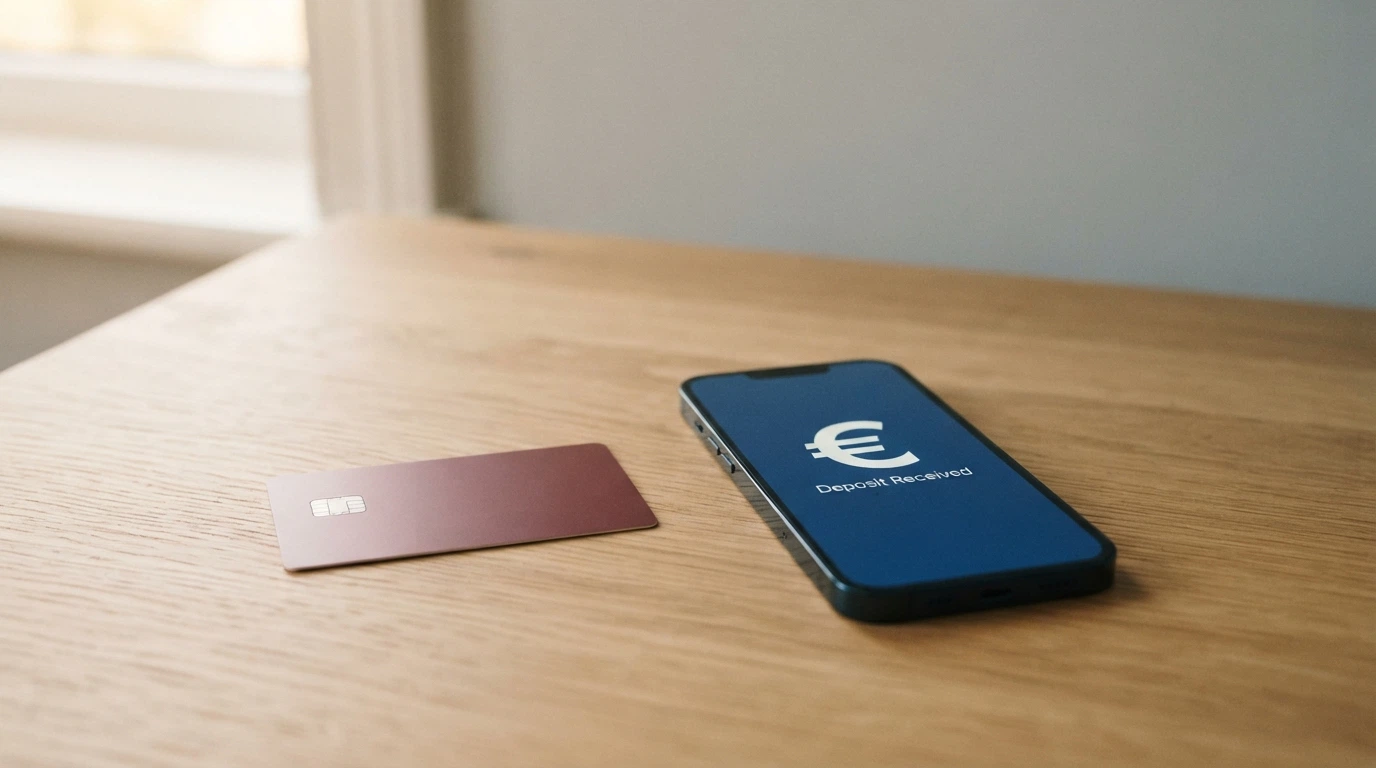 Una carta di pagamento appoggiata accanto a uno smartphone con la schermata di deposito di un casinò online