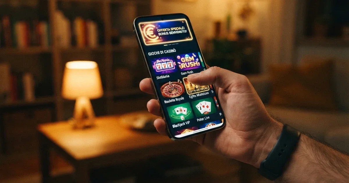 iPhone con schermata di lobby di un casinò online in italiano, dita che toccano l'icona di una slot