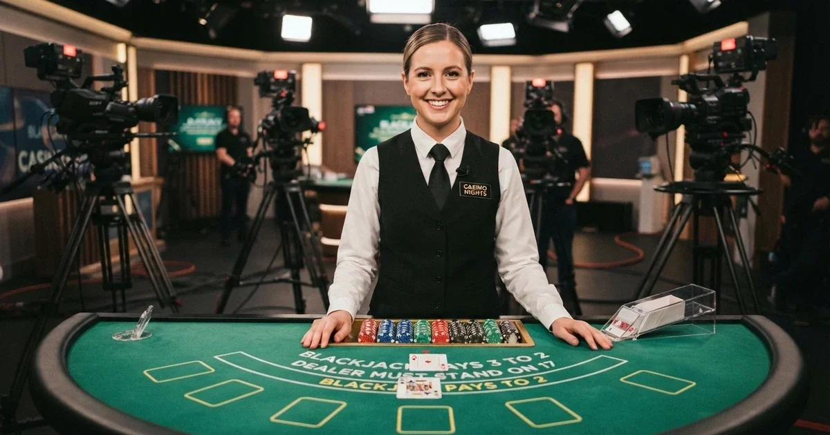 Un croupier in uniforme sorride dietro un tavolo da blackjack in uno studio professionale illuminato, ripreso da più telecamere, con l'interfaccia di gioco visibile in sovrimpressione