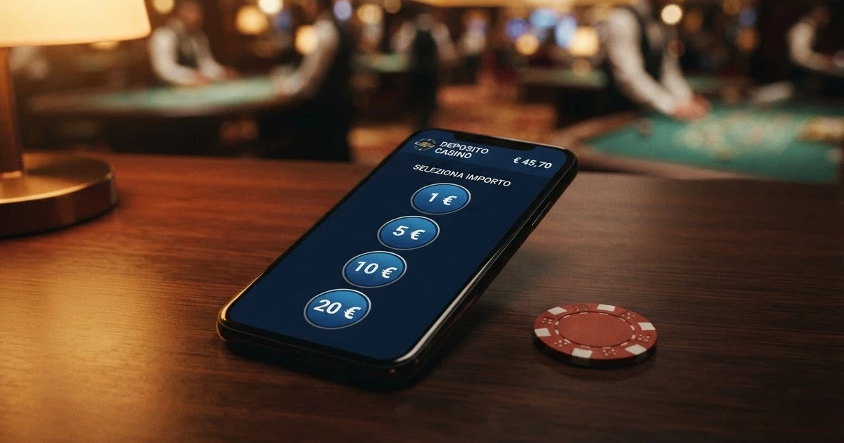La schermata di un casinò online ADM con l'interfaccia di deposito aperta e diverse soglie di importo visibili (1 €, 5 €, 10 €, 20 €)