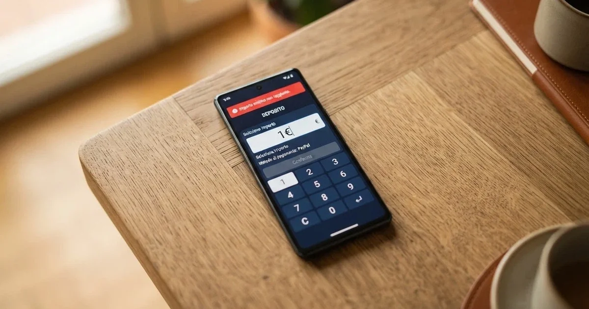 Un telefono con la schermata di deposito di un casinò online, l'importo di 1 euro è selezionato ma appare un messaggio di importo minimo non raggiunto