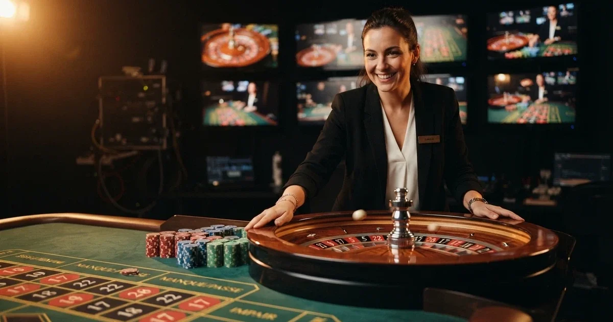 Un croupier dal vivo sorridente dietro un tavolo da roulette in uno studio professionale con illuminazione calda e monitor multipli