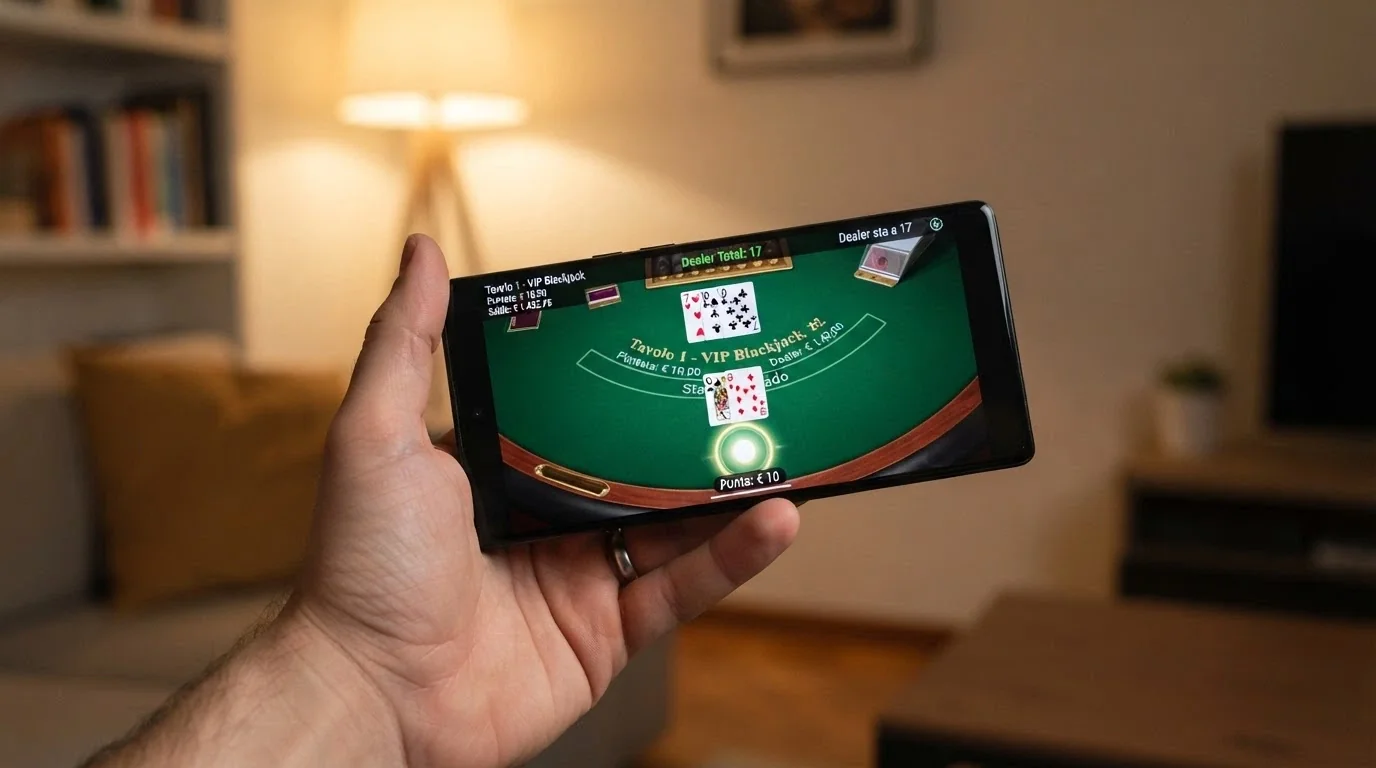 Una mano che tiene uno smartphone in orizzontale con un tavolo live di blackjack sullo schermo e le carte visibili
