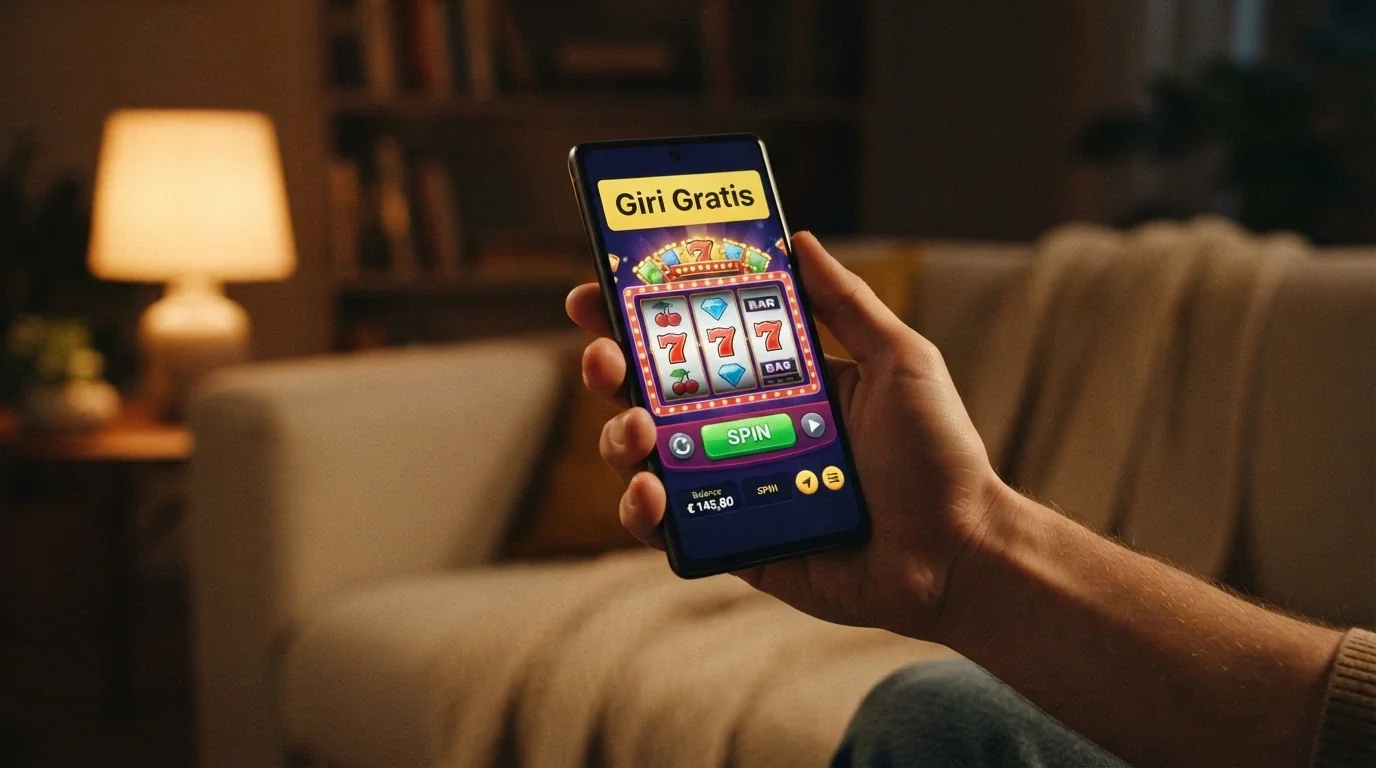 Smartphone in mano a un giocatore che mostra l'interfaccia mobile di un casinò ADM con slot machine e l'indicazione di giri gratis attivi