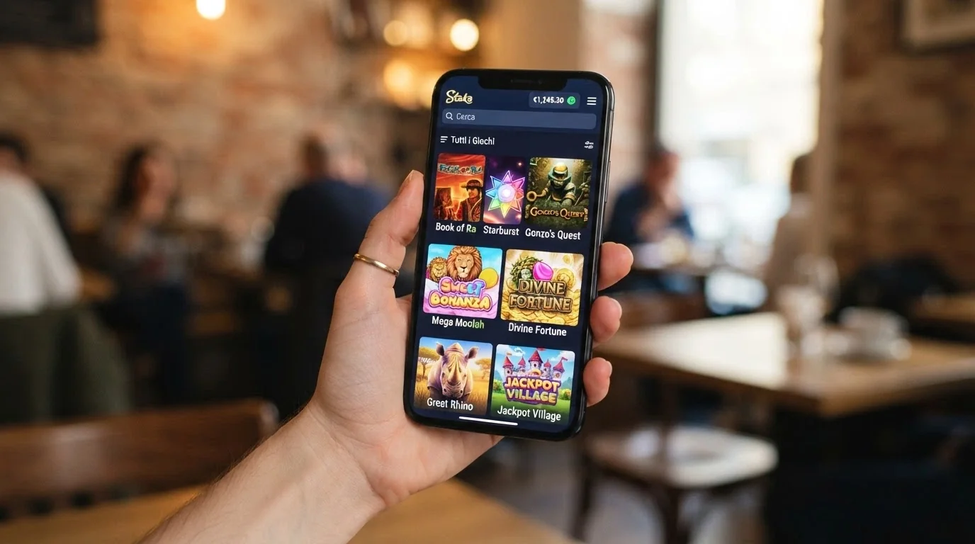 Uno smartphone con l'app di un casinò ADM aperta sulla lobby delle slot