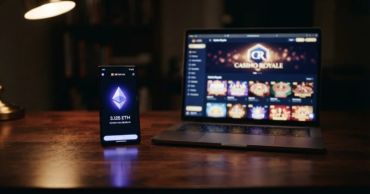 Un wallet di criptovalute su uno smartphone accanto allo schermo di un computer che mostra la homepage di un casinò online con il logo di Ethereum in evidenza