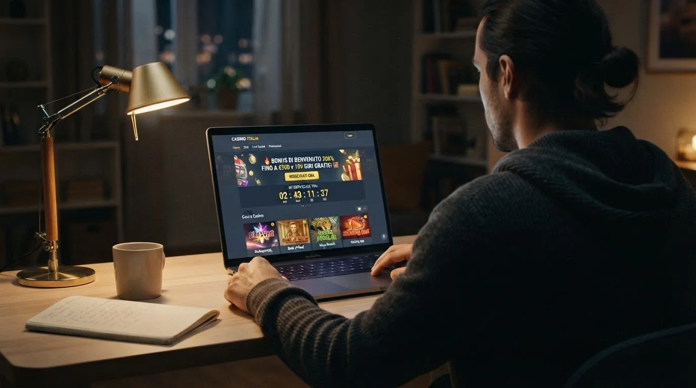 L'interfaccia di un casinò online in italiano, senza loghi ADM visibili, con un banner che promuove un bonus aggressivo