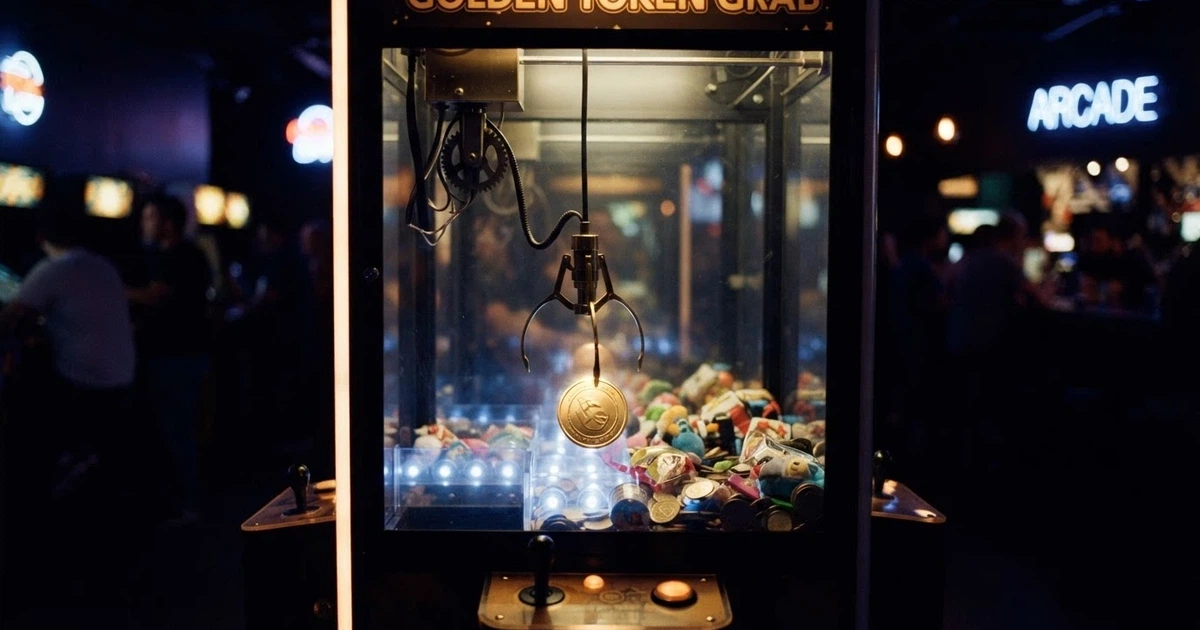 Una claw machine luminosa in stile casinò che afferra un gettone dorato con sopra inciso un simbolo bonus, su sfondo blu notte con riflessi