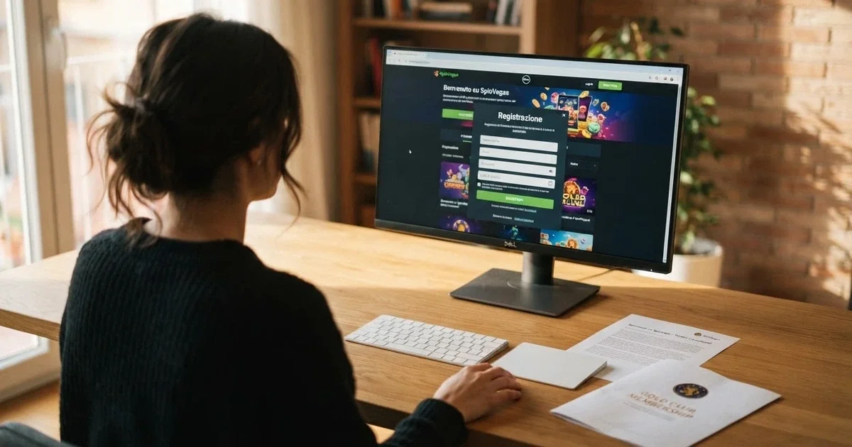 Uno schermo di computer con la home page di un casinò online e un modulo di registrazione aperto, accanto una carta d'identità italiana e un documento con il simbolo dell'Unione Europea
