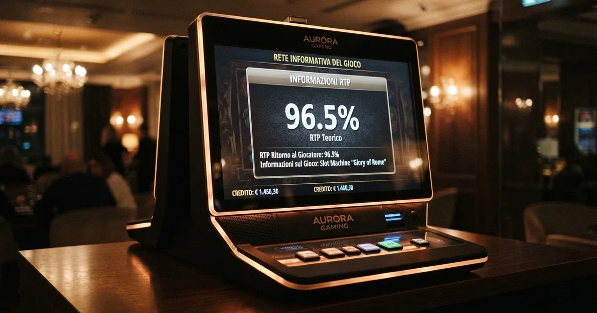 Un primo piano di una slot machine online con lo schermo che mostra il pannello delle informazioni di gioco e la percentuale RTP evidenziata