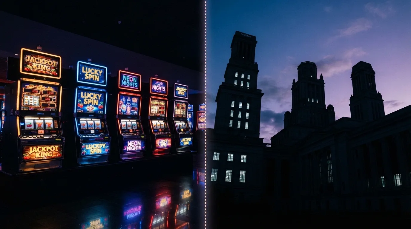Una classifica stilizzata in verticale con 5 slot machine illuminate in primo piano e 5 silhouette di edifici istituzionali sullo sfondo, a rappresentare i due gruppi del confronto