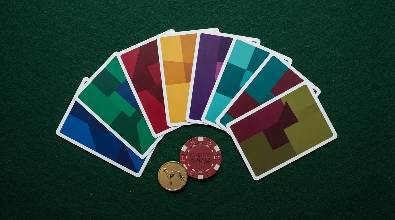 Dieci carte da gioco disposte a ventaglio, ognuna con il logo stilizzato di un diverso casinò crypto e il simbolo DOGE