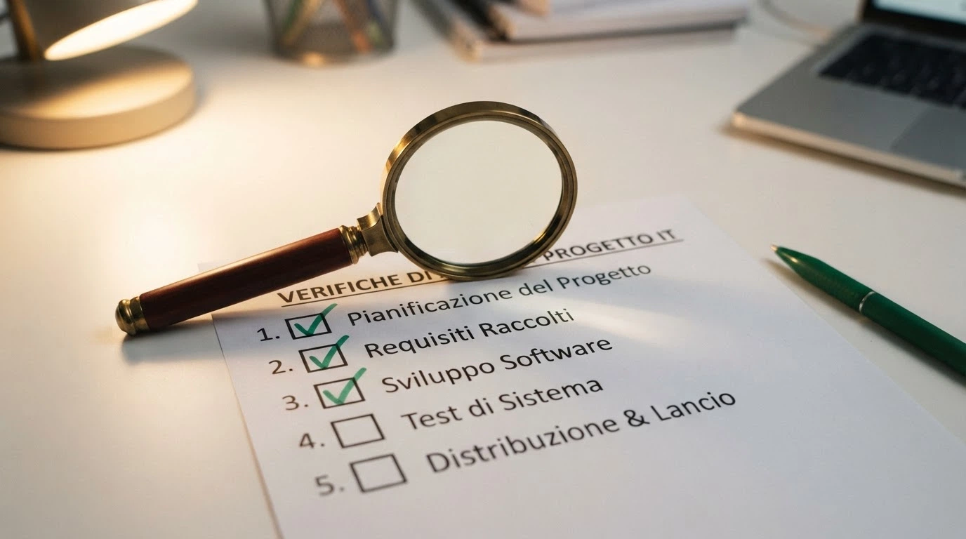 Una lente di ingrandimento su una checklist che elenca le voci: concessione ADM, collegamento RUA, limiti obbligatori, bonus pubblicati, deposito minimo — con segni di spunta accanto a ciascuna