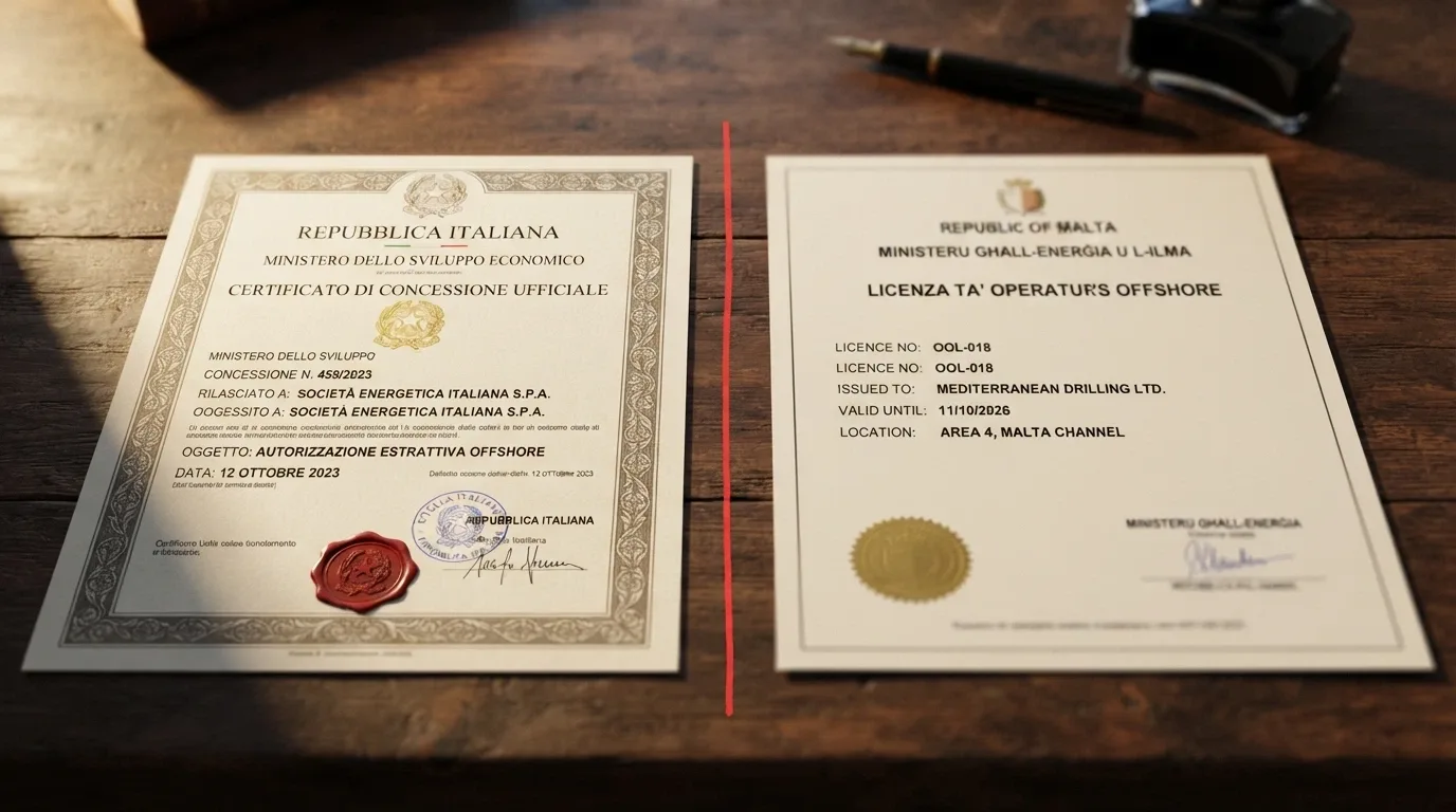 Due documenti affiancati su un tavolo: a sinistra una concessione ADM con il timbro della Repubblica Italiana, a destra una licenza estera generica con un timbro diverso — tra i due una linea rossa che segna il confine