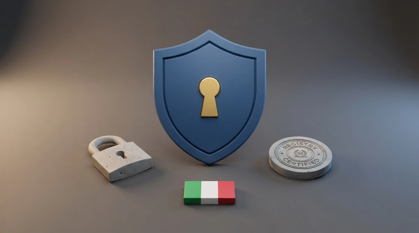 Un'infografica del sistema concessorio italiano: le 52 concessioni, il dominio .it obbligatorio, il logo ADM e il simbolo della RUA collegati da frecce