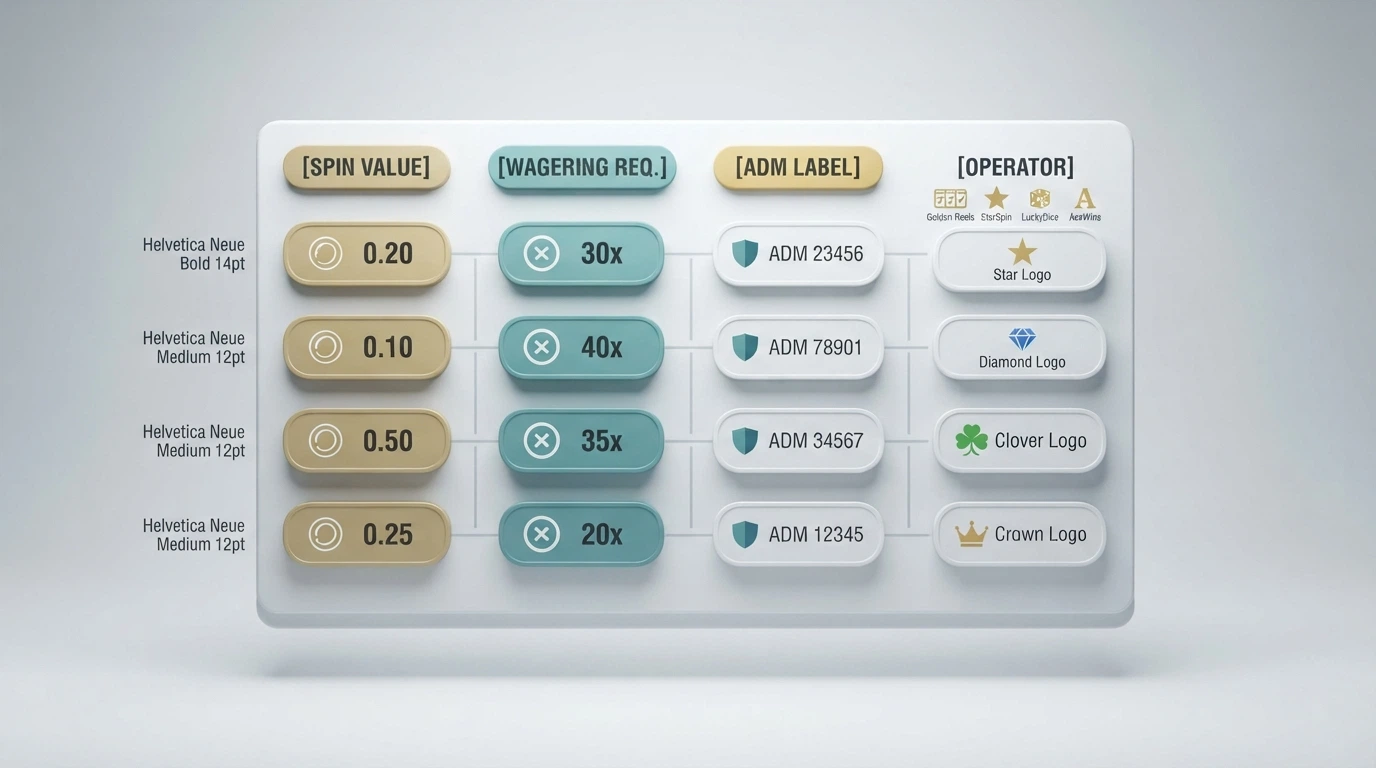 Una tabella stilizzata con le icone dei casinò in colonna e accanto i badge «ADM», «10x wagering», «0,10€/spin» — grafica pulita da infografica