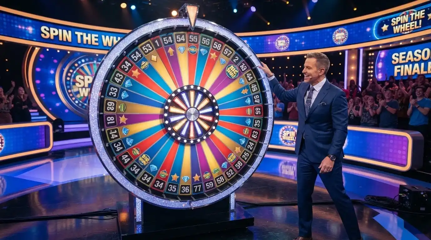 La grande ruota verticale di Crazy Time con il conduttore accanto, i segmenti colorati con i numeri e i simboli dei round bonus ben visibili