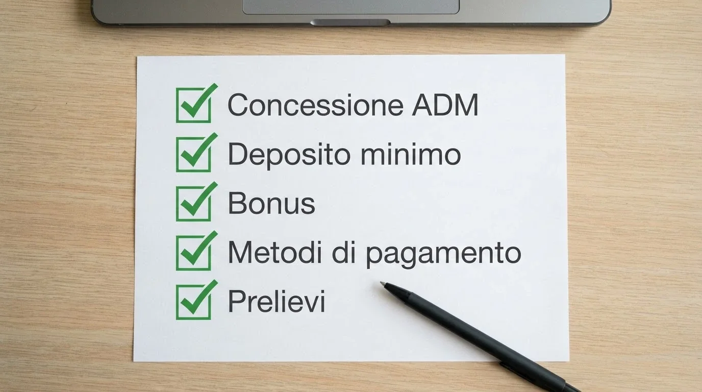 Una checklist stilizzata con i criteri di valutazione: concessione ADM, deposito minimo, bonus, metodi di pagamento, prelievi