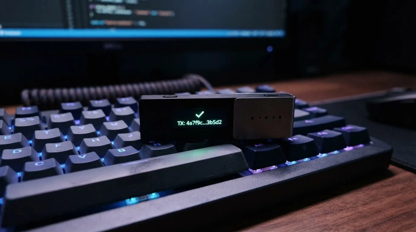 Un wallet hardware per criptovalute poggiato su una tastiera retroilluminata, con lo schermo del wallet che mostra una transazione confermata