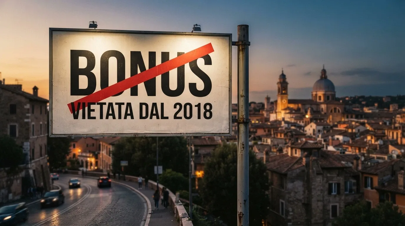 Un cartellone pubblicitario con la scritta «BONUS» barrata da una X rossa, sullo sfondo il profilo di una città italiana