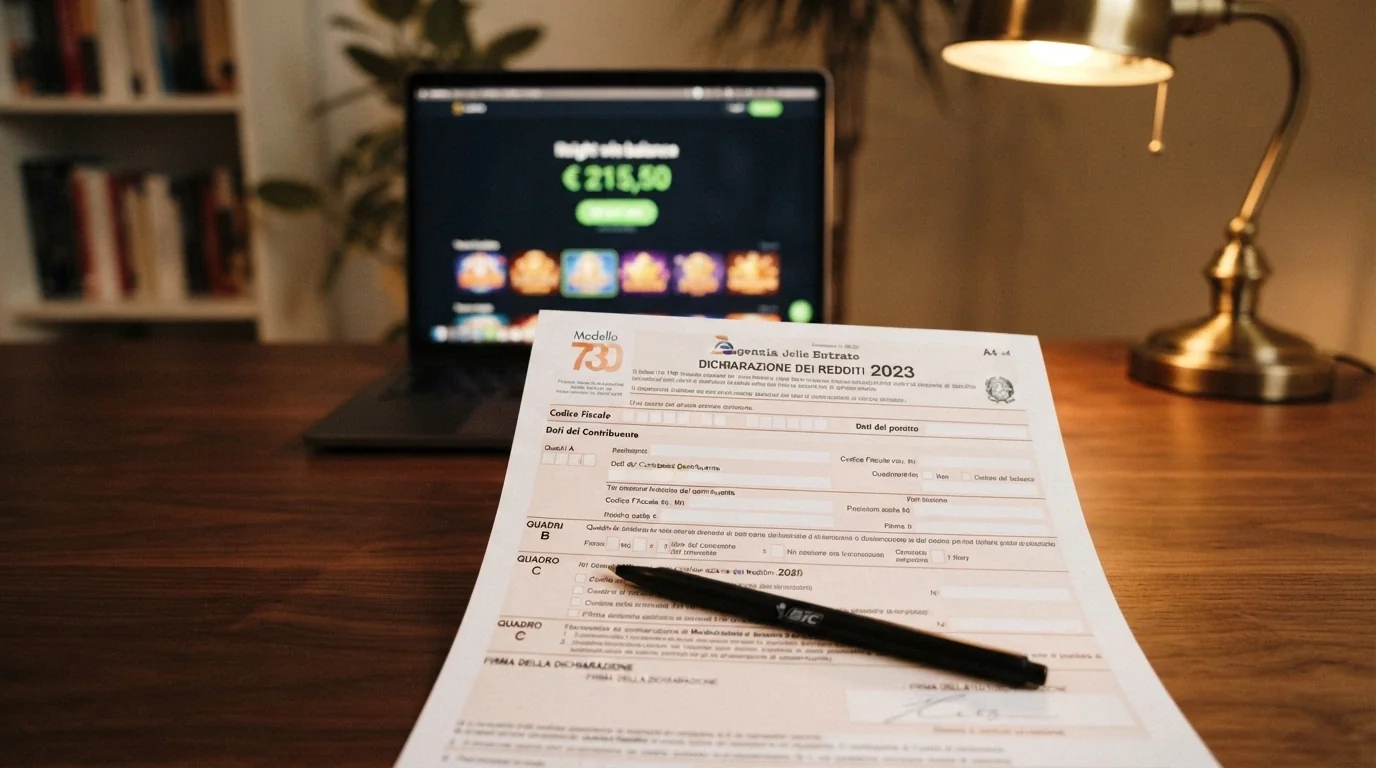 Un modulo 730 italiano in primo piano con una penna accanto, sullo sfondo la schermata di un casinò online con una vincita evidenziata