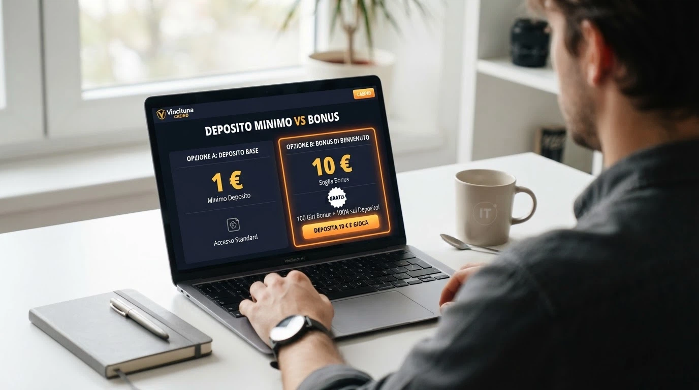 Un dettaglio della pagina promozionale di un casinò ADM con l'offerta di benvenuto e il deposito minimo per attivarla evidenziato accanto al deposito minimo del sito