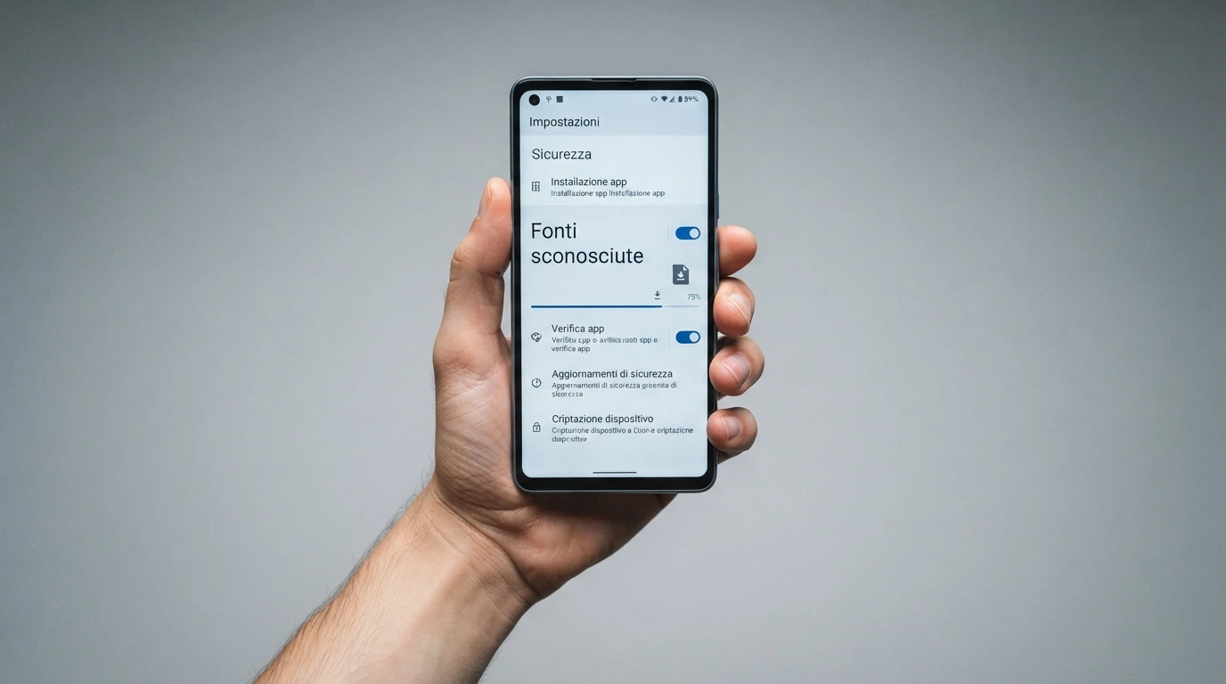 La schermata Android «Installa da fonti sconosciute» con il pulsante di conferma, accanto all'icona del file APK