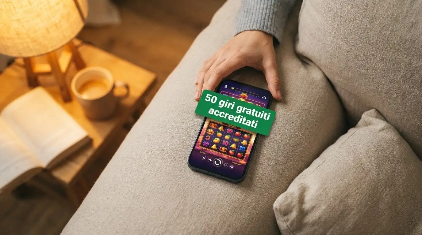 Un telefono in mano inquadrato in un ambiente quotidiano — un bar o un salotto — con l'interfaccia mobile di un casinò ADM e il messaggio «50 giri gratuiti accreditati»