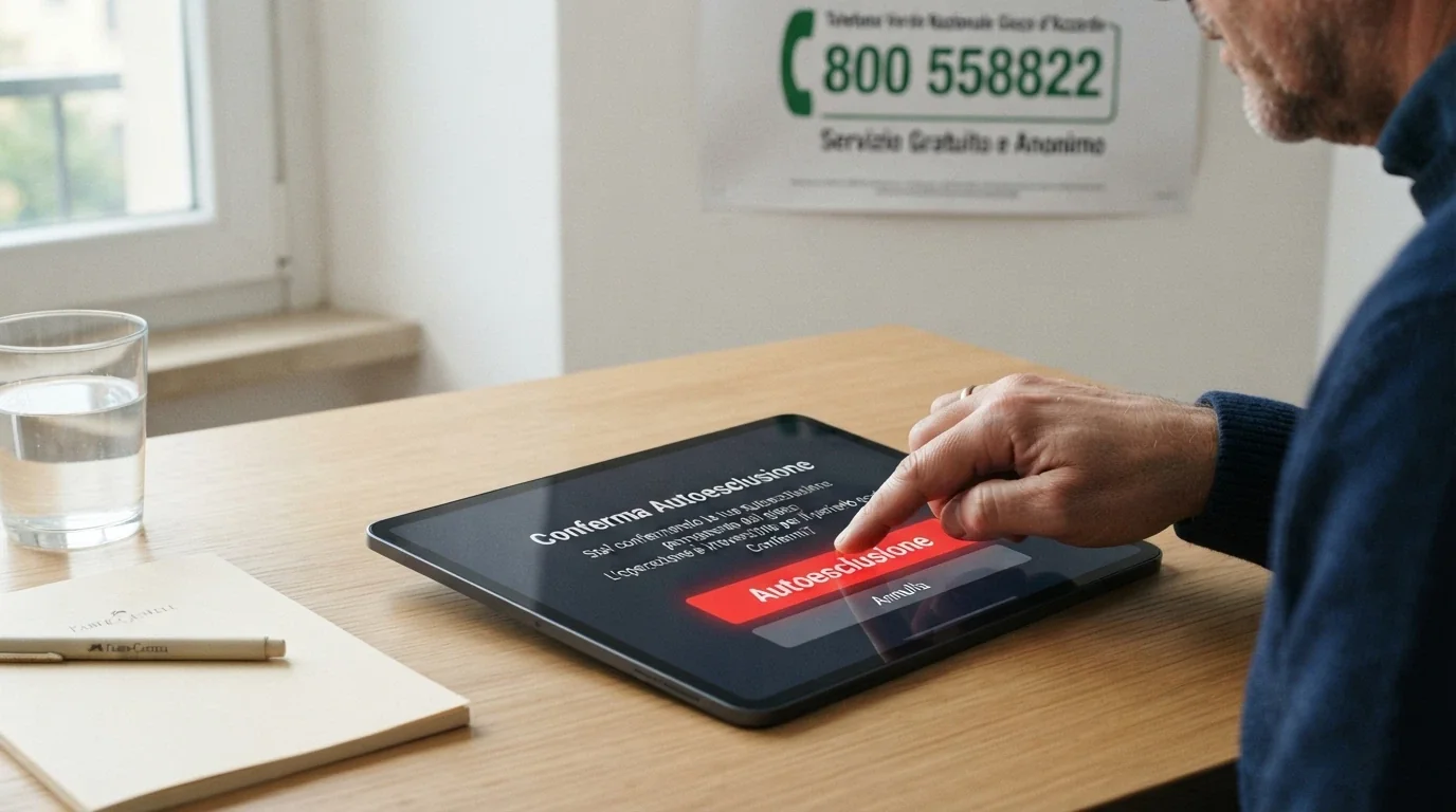 Una mano che preme il tasto «autoesclusione» su un'interfaccia di casinò, mentre in trasparenza compare il numero verde 800 558822 e il logo del SSN