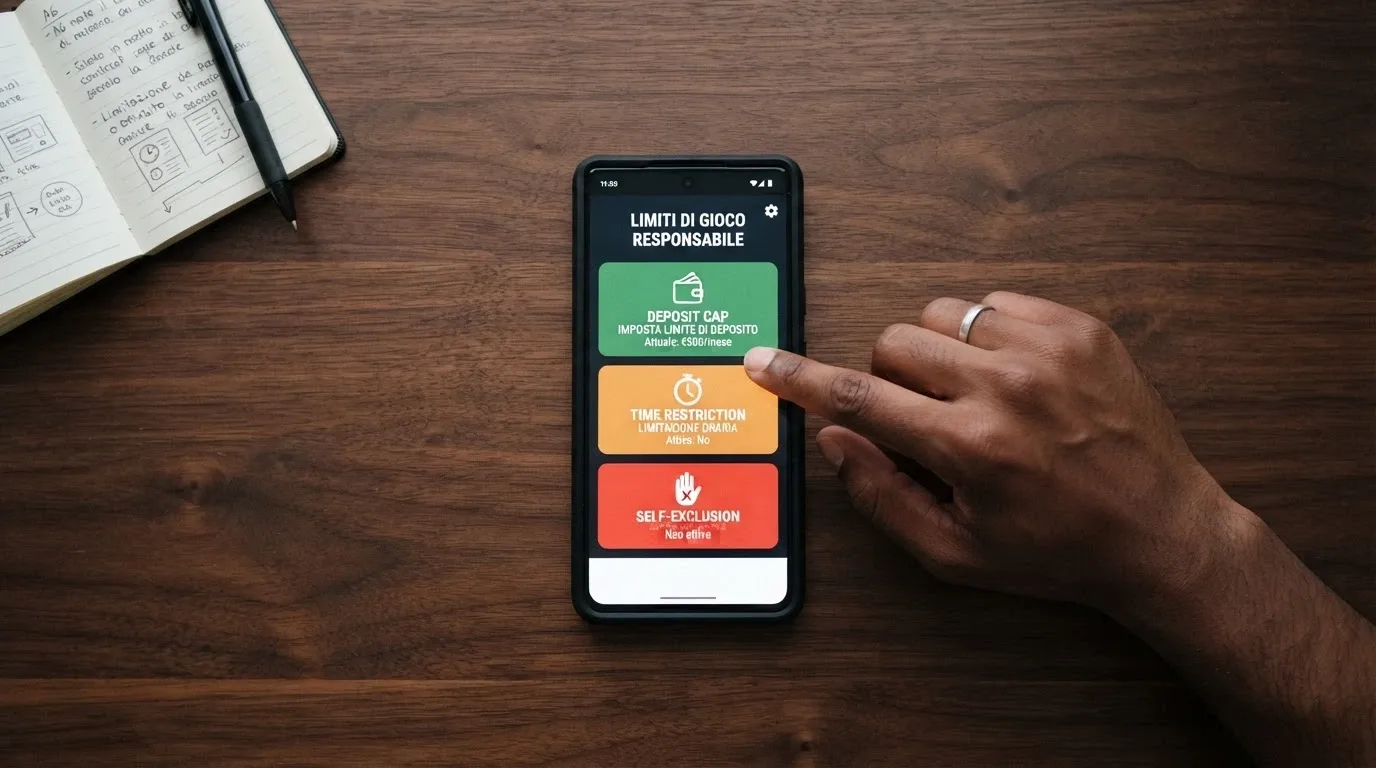 Interfaccia di un pannello di controllo con opzioni di limite di deposito, tempo di gioco e autoesclusione ben visibili