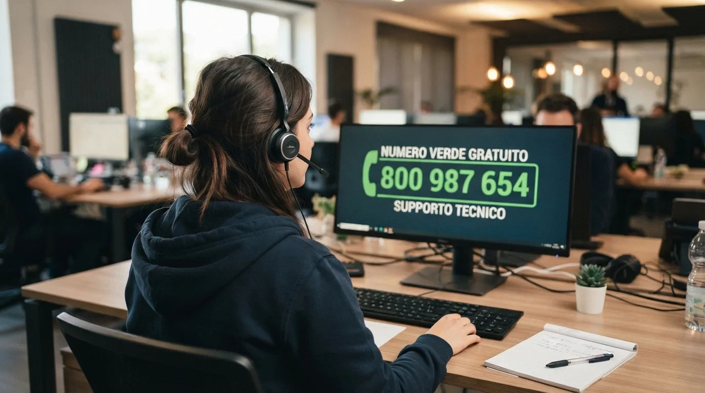 Operatore di call center con cuffia davanti a schermo con numero verde 800 558822
