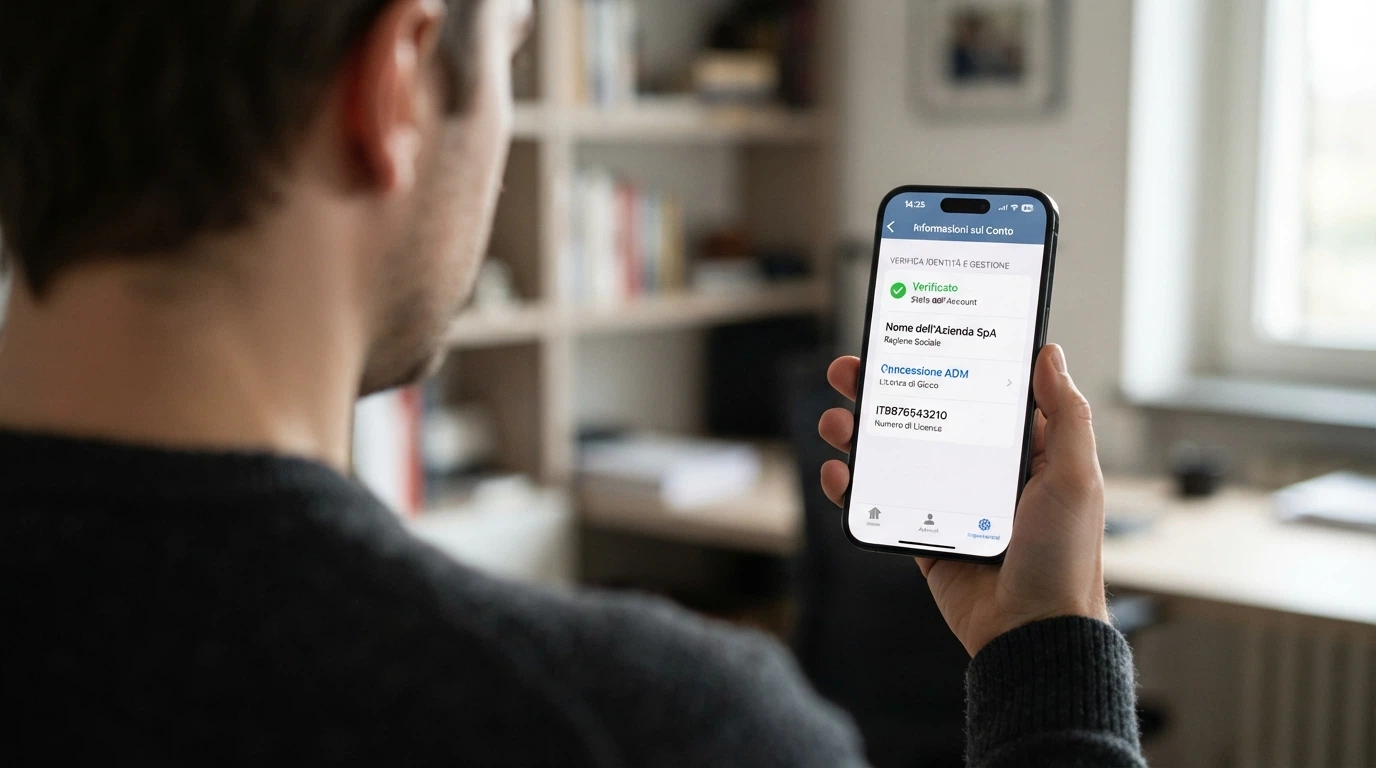 Schermata della sezione Info di un'app casinò con numero di licenza ADM e dati del concessionario evidenziati