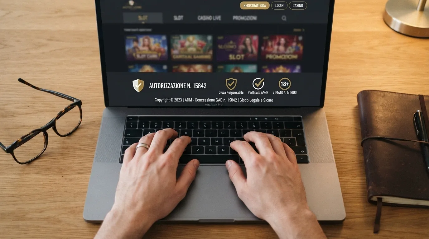 Il footer di un casinò online ADM con il numero di concessione, il logo ADM e i loghi del gioco responsabile evidenziati