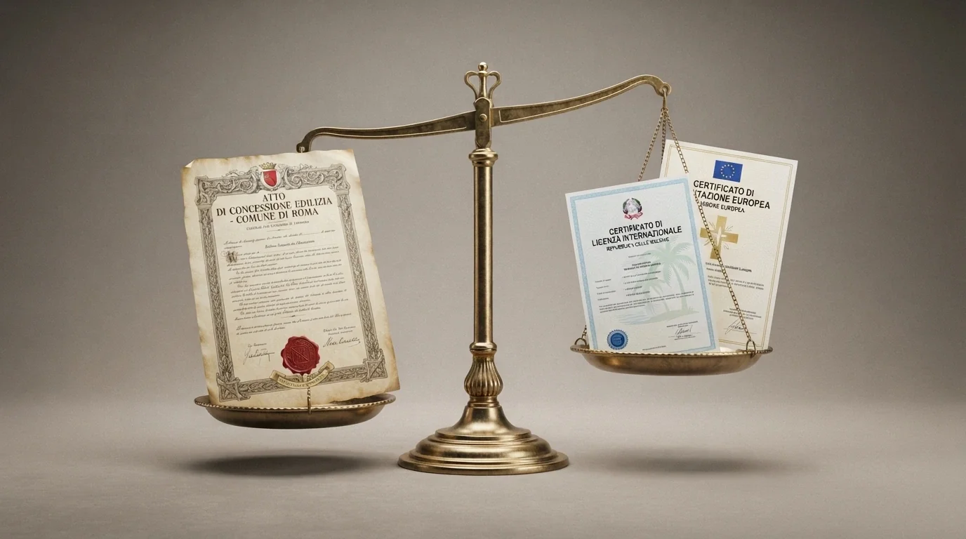Un documento ufficiale con stemma italiano (ADM) affiancato da un certificato di licenza Curaçao e un certificato MGA, con una bilancia al centro